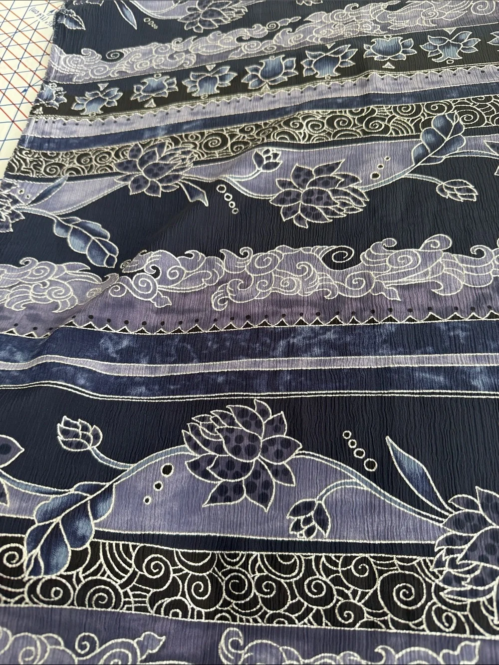 Vintage 1980s Crinkle Crepe Fabric Asian Floral Stripe Black Blue 3 1/3 Yds